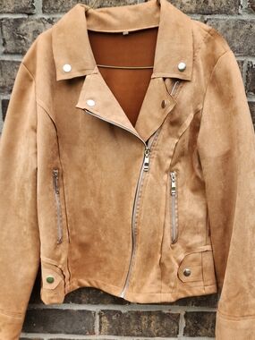 Casual Faux Suede Moto Jacket - Camel